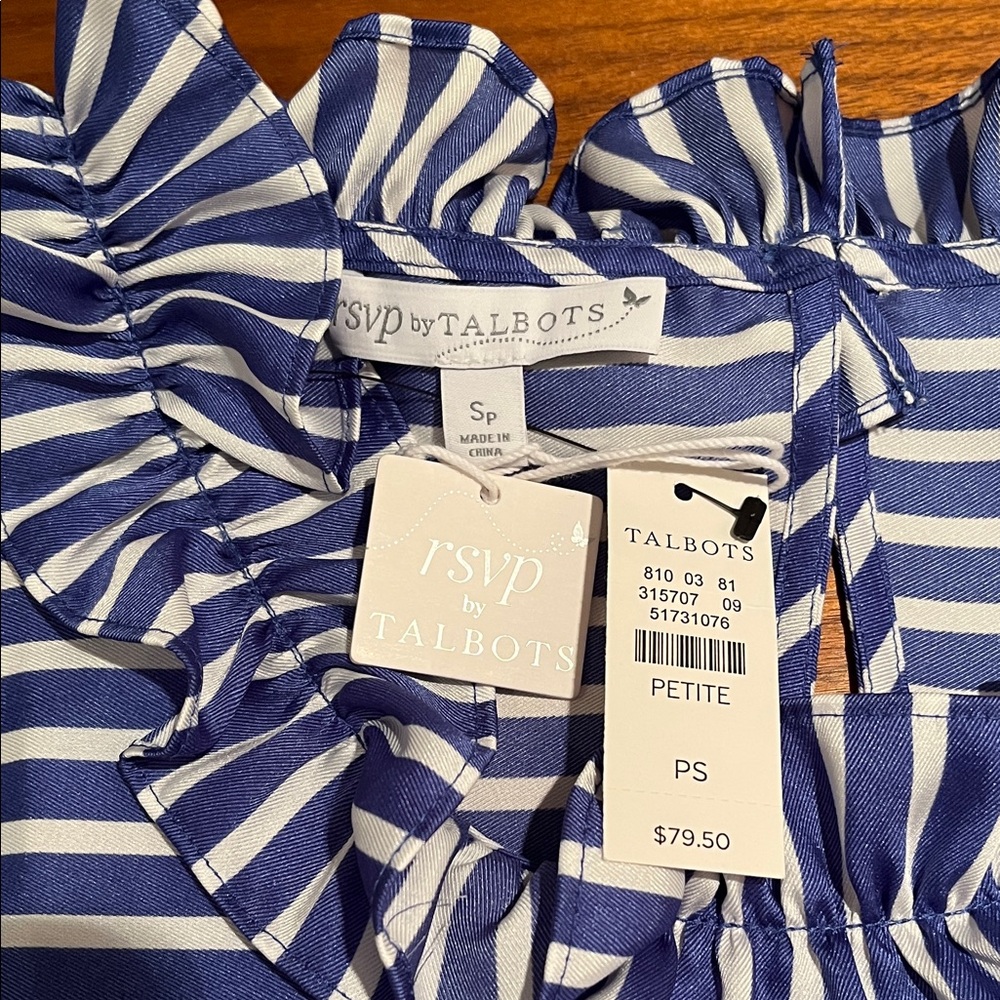 NWT RSVP by TALBOTS sleeveless striped shell top RUFFLED round neck side zip SP - Picture 4 of 13